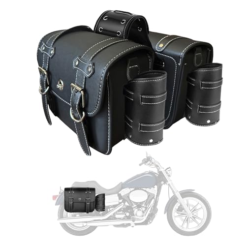 Universal Motorcycle Saddlebags with Lock & Water Bottle Bag | fit Softail, Scooter Powersports & Cruisers, Faux Leather Throw Over Saddle Bags for Commute or Long Trips 12.2"x5.12"x9.84" - size: Large with 2 Bottle Bags