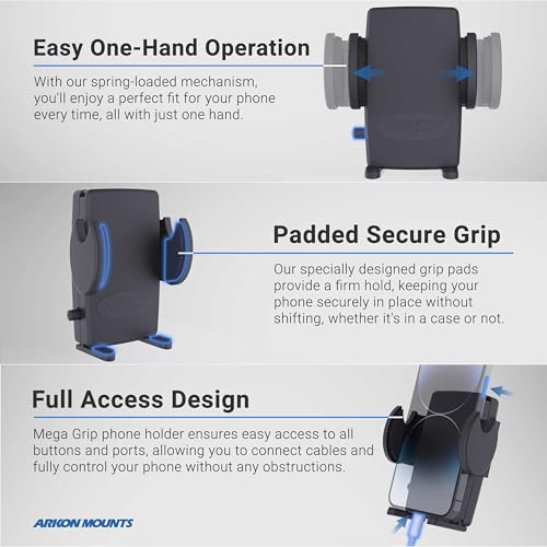 ARKON Mounts Mega Grip Universal Phone Holder | Securely Holds Phones 3.5" Wide | Fit to Pedestals Dual-T Compatible | Compatible with iPhone, Samsung, Google, and More