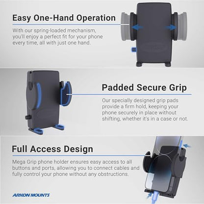 ARKON Mounts Mega Grip Universal Phone Holder | Securely Holds Phones 3.5" Wide | Fit to Pedestals Dual-T Compatible | Compatible with iPhone, Samsung, Google, and More