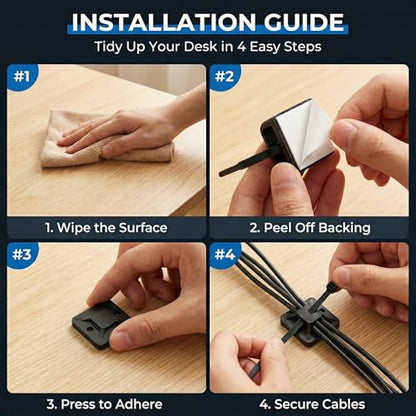 Zip Tie Mounts - SeuYeugX 100PCS Cable Self Adhesive Mounts Set for Wire Management with Stick Pads Anchors Clips Squares Holders (Black) - color: Black