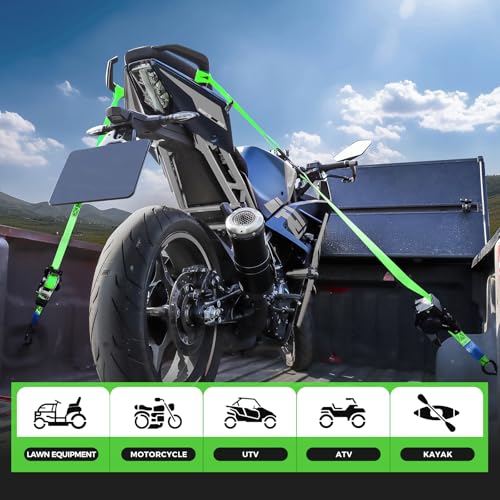Retractable Ratchet Straps with Soft Loops(4 Pack)-(1,500lb Break Strength) -1 Inch x 12 Feet Heavy Duty Auto Self Retracting Tie Down Strap for Truck, Cargo Trailer, Motorcycle, Rad & More - color: Green Retractable