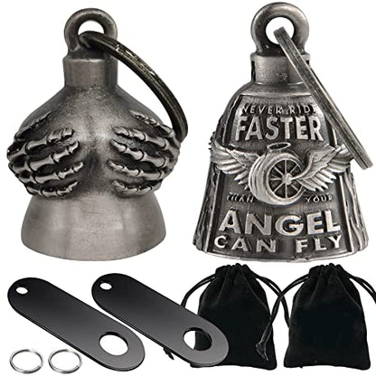 Dream Apparel 2 Pack Motorcycle Bells Guardian Angel for Biker Rider Men Women Ride Riding with Hangers, Drive Away Gremlins - color: Handful Bell + Wing Wheel Bell