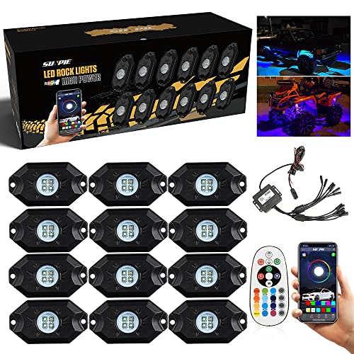 SUNPIE 12 Pods High Power RGBW Rock Lights IP67 Waterproof Phone App Custom Colors Voice Mode Music Mode Neon Accent Wheel Well Lights for Off Road Truck SUV ATV UTV Boats - size: 12 Pods