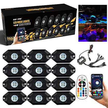 SUNPIE 12 Pods High Power RGBW Rock Lights IP67 Waterproof Phone App Custom Colors Voice Mode Music Mode Neon Accent Wheel Well Lights for Off Road Truck SUV ATV UTV Boats - size: 12 Pods