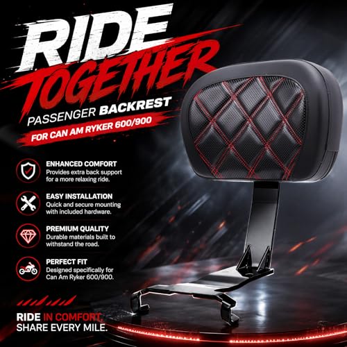 Motorcycle Rear Passenger Backrest Fit for Can-Am Ryker 600/900/Rally Edition 2019-2026, Ryker Sport 2022-2026, 15 Inches Detachable Backrest Pad with Mount Kit, Replace #219400843 (Red Line) - color: Red Line