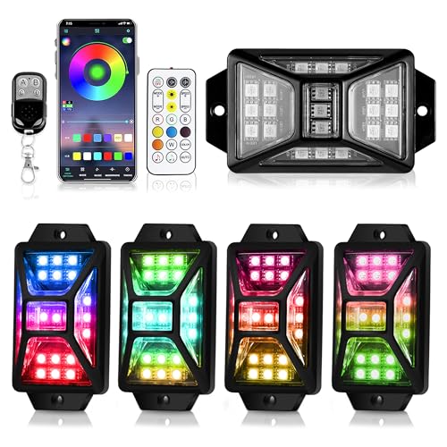 4 Pods Full Angle RGB Rock Lights Compatible with 12V Trucks Jeep UTV SUV ATV Boat Golf Cart, Waterproof Multi-Color, App/Remote Control Led Rock Lights with Music Mode(Patented) - size: 4 Pods-Full Angle-(New 3 Control Mode)-12V