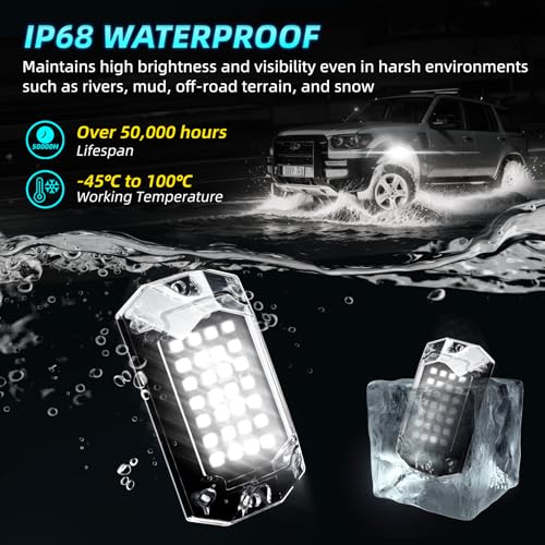 16Pods Full Angle All Pure White LED Rock Lights Full Kit Plug and Play & Pre Wired 6500K with Switch Harness Wiring Extension Fuse, 448Chips Waterproof Underglow 12V for Semi Trucks Pickup Offroad - size: 16Pods
