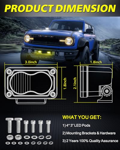LED Pods, AKD Part 4Pcs 3" 80W CREE LED Pod Lights Spot Flood Combo Small Off Road Driving Lights Ditch Chase Light for Trucks Motorcycle UTV ATV SUV Dirt Bike - White & Yellow - color: White+Yellow