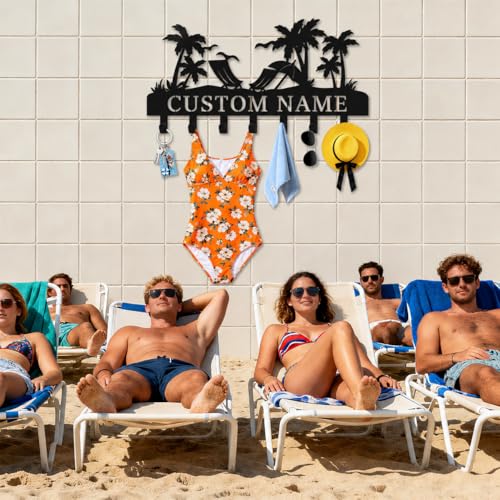 Personalized Key Holder for Wall, Custom Metal Key Hooks with Name | Rust-proof beach design rack for keys, hats, bags and leashes, with free hardware, ideal housewarming gift - color: Beach