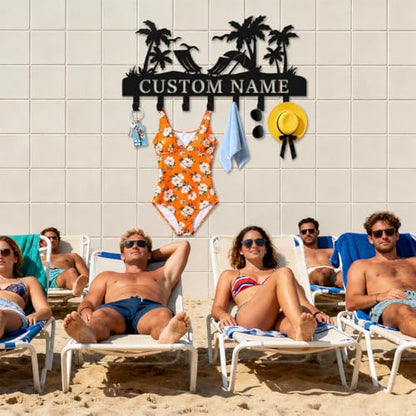 Personalized Key Holder for Wall, Custom Metal Key Hooks with Name | Rust-proof beach design rack for keys, hats, bags and leashes, with free hardware, ideal housewarming gift - color: Beach