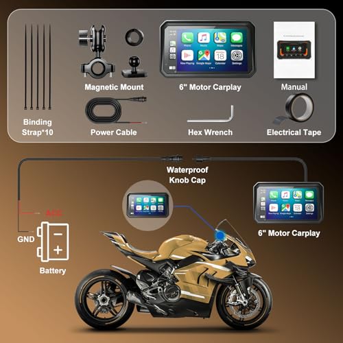 YZW 6" Wireless Motorcycle Carplay with Android Auto, Waterproof GPS Nevigation System Screen for Motorbike, Music Sharing,Vioce Control,Light Sensor, BT,Anti-Theft Design Quick-Release Magnetic Mount - size: 6Inch Screen+Mounting Bracket