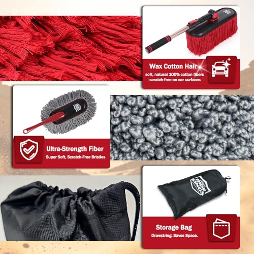 Car Duster Exterior Scratch Free & Interior Detailing Brush Set, Waxed Cotton Waterless Dust Remover, 360° Swivel Telescoping Handle, Multi-Purpose Cleaning Tool for Cars, RVs & Home - color: Light red