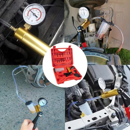 Brake Bleeder Vacuum Pump Kit – Hand Vacuum Pump with Gauge Adapters, Automotive Brake Fluid Bleeder Kit for Car, Motorcycle, and Truck in Compact Red Case