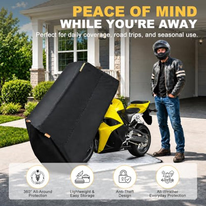 Full Enclosed Motorcycle Cover, 210D Oxford Waterproof with Lock & Anti-Slip Pad, 116x41x50 All-Weather Protection for Outdoor/Indoor Storage, Sun Rain Dust Resistant - size: 116x41x50"