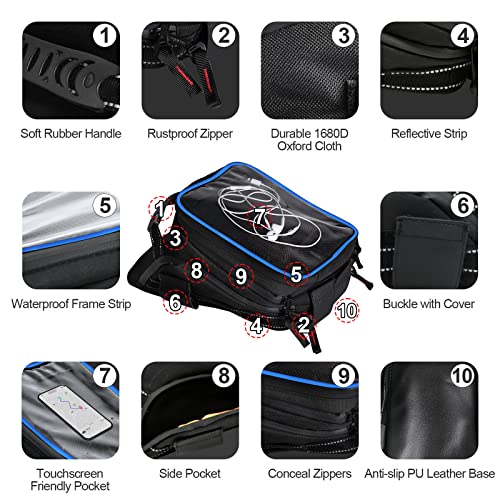 Motorcycle Tank Bag w/Strap Storage Bag Compatible with Honda Yamaha Suzuki Kawasaki Harley Water Resistant (Blue Piping) - color: Blue Piping