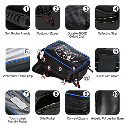 Motorcycle Tank Bag w/Strap Storage Bag Compatible with Honda Yamaha Suzuki Kawasaki Harley Water Resistant (Blue Piping) - color: Blue Piping