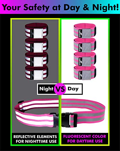FREEMOVE Reflective SASH with 2 Bands - or - Reflective Runners Waist Belt with 4 Arm Bands > Easy to Put On/Off Reflective Gear for Guaranteed Visibility & Safety for Dog Walking, Running, Cycling - color: Pink BELT and BANDS
