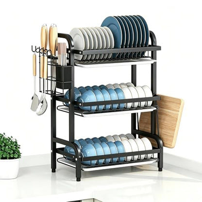 3 Tier Dish Drying Rack for Kitchen Counter, Large Capacity Dish Rack with Drainboard Set & Utensil Holder, Rustproof Metal Dish Drainer with Cup Bowl Plate Storage - color: Black2