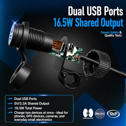 Cliff Top Motorcycle USB Charger Waterproof Dual Port 3.3A 16.5W Bike USB Adapter Heavy Duty for 7/8" and 1" Handlebars Motorcycle Charger Socket for 12V Motorbike - size: 3.3A 16.5W Dual USB Charger