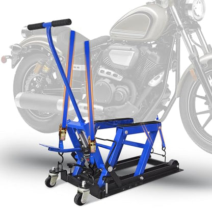 Hydraulic Motorcycle Lift Jack, 1500 LBS Capacity, ATV Scissor Lift Jack Portable Motorcycle Lift Table with 4 Casters, Hydraulic Foot-Operated Hoist Stand for Motorcycle ATV UTV Powersports, Blue