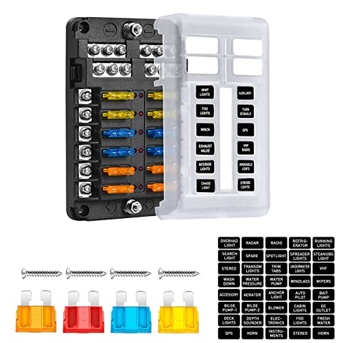 12-Way Marine Fuse Block,Waterproof 12v Fuse Block with LED Indicator for 12V/24V Automotive Golf Cart Truck Car Boat Marine RV Motorcycle - style: 12-Way