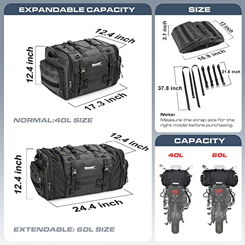 Rhinowalk Motorcycle Tail Bag, Expandable Motorcycle Travel Luggage Bags 60L, Waterproof All-Weather Trunk Rack Bag with Sissy Bar Straps & Helmet Rain Cover-Black - color: Black 40-60L
