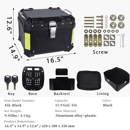 Motorcycle Top Case 45L Trunk Tail Box Bag Aluminum alloy handle with Leather Lining Anti-Theft with Lock & Back Cushion Waterproof Dustproof Easy Installation with Universal Bracket Black - color: Black（45L-Single Lock）