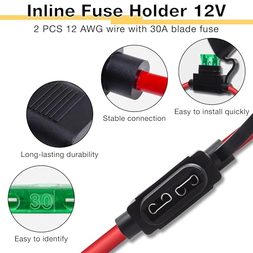 ecocstm 2 PCS Inline Fuse Holders 12V, 12 AWG Car Gauge Inline Fuses, Waterproof Fuse Holder with 30A ATC/ATO Standard Blade Fuses for Automotive, Marine, Golf Cart Lighting, Electrical Circuits - size: 2 PCS 12AWG