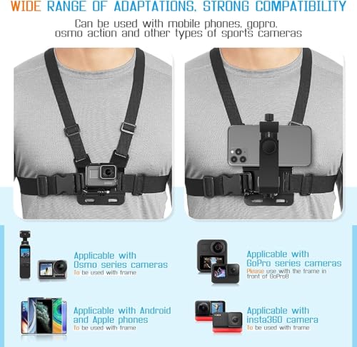 Mobile Phone Chest Strap Harness Mount Head Strap Holder Kit for POV/VLOG,Cell Phone Clip Compatible with iPhone,Samsung,GoPro Hero 9, 8,7, 6, 5, 4, 3,2, 1,AKASO,DJI Osmo,and Action Cameras…