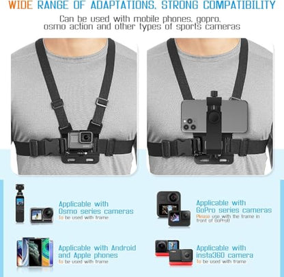 Mobile Phone Chest Strap Harness Mount Head Strap Holder Kit for POV/VLOG,Cell Phone Clip Compatible with iPhone,Samsung,GoPro Hero 9, 8,7, 6, 5, 4, 3,2, 1,AKASO,DJI Osmo,and Action Cameras…