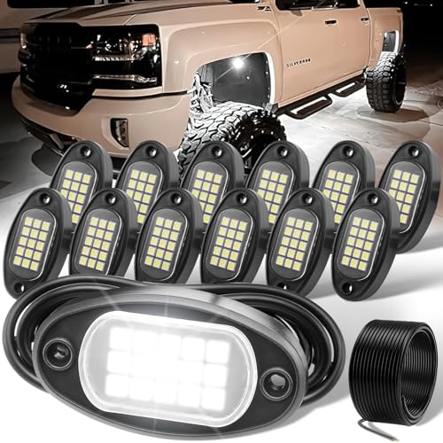 YONEDA 12 Pods White Rock Lights 6000K Pure White LED Underglow Lights IP68 Waterproof for Trucks SUV UTV ATV RZR Car Boats Motorcycle with 32.8ft Extension Wire - color: White 15LED, size: 12 Pods