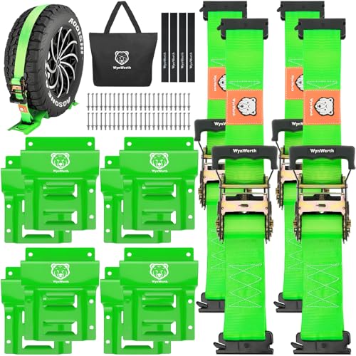 Wheel Chock Tie Down Straps kit for Trailers, E-Track Heavy-Duty Wheel Tie-Down Set for Lawn UTV ATVs, SUV,Mowers and Tractors – 4500 lbs Break Strength, 4-Pack 2in x 8ft,Green - color: Green, 4 Pack