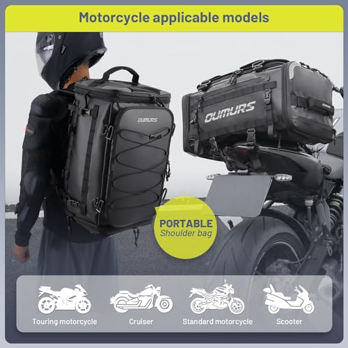 Oumurs 45-60L Expandable Waterproof Motorcycle Tail Bag with Rain Cover & Strap, Reflective All-Weather Trunk Rack Bags, Dual-Use Backpack for Large Capacity Storage, Motorcycle Luggage Rack Bags