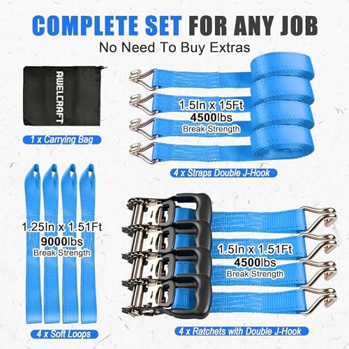 AWELCRAFT Ratchet Straps Heavy Duty 4 Pack,4500lbs Breaking Strength,1.5in×15ft Tie Down Ratcheting Strap with Padded Handles, Double J Hooks & Soft Loops for Motorcycle,Trailer & Trucks (Blue) - color: Blue