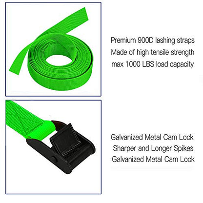 Premium Lashing Strap Short 1" x 6.5 ft, Cam Buckle Tie Down Straps Heavy Duty Secure Straps up to 700 lbs Capacity for Motorcycle,SUP, Kayak, Canoe, Surfboard, Cargo, Boat,Trailer, Luggage - color: Green 4pcs