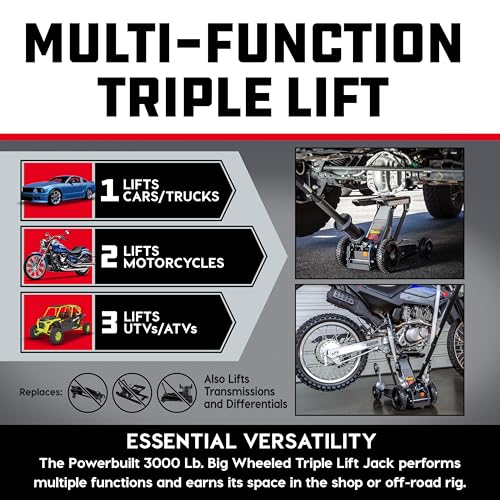 Powerbuilt Big Wheel Triple Lift Garage Jack, 3000 Pound Off Road Lift, Truck, Car, Motorcycle 1.5 Ton Capacity, 620613ECE - color: Black, size: 1.5 Ton, Big Wheel