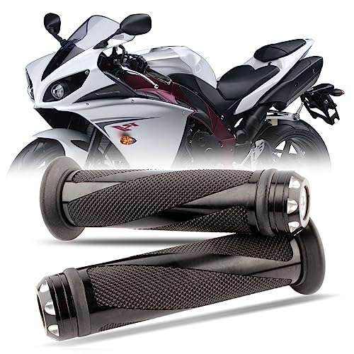 Pair of 7/8" 22mm Motorcycle CNC Aluminum Rubber Gel Hand Grips Handlebar for Sports Bike Chopper Cruiser Bike - color: Black with Bar End