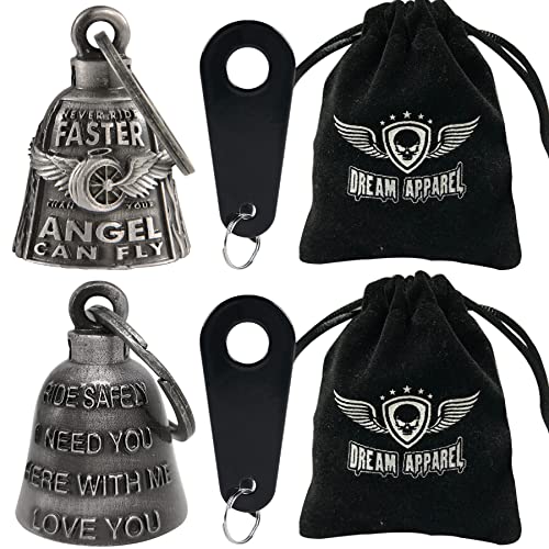 Dream Apparel 2 Pack Motorcycle Bells Guardian Angel for Biker Rider Men Women Ride Riding with Hangers, Drive Away Gremlins - color: Wing Wheel + Ride Safely & I Need You & Love You