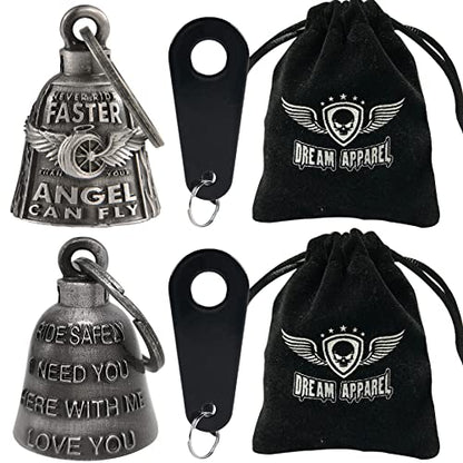Dream Apparel 2 Pack Motorcycle Bells Guardian Angel for Biker Rider Men Women Ride Riding with Hangers, Drive Away Gremlins - color: Wing Wheel + Ride Safely & I Need You & Love You
