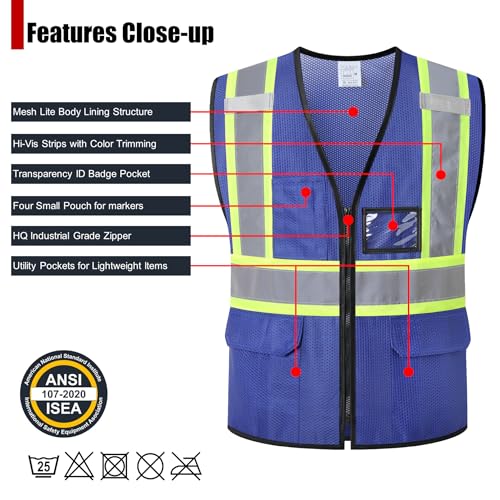 Reflective Safety Vest for Men Women Hi Vis Vest with Pockets High Visibility Vest Mesh Construction Vests Meets ANSI/ISEA Standards (Blue-33, Large) - color: Blue-33, size: Large