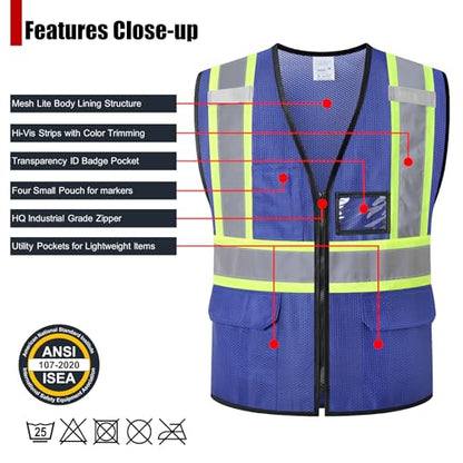 Reflective Safety Vest for Men Women Hi Vis Vest with Pockets High Visibility Vest Mesh Construction Vests Meets ANSI/ISEA Standards (Blue-33, X-Large) - color: Blue-33, size: X-Large