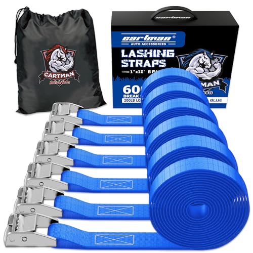 Cartman 1" x 12' Lashing Straps Cargo Tie-Down Strap Up to 600lbs, 6pk in Carry Bag, Blue - color: Blue, size: 6 PK