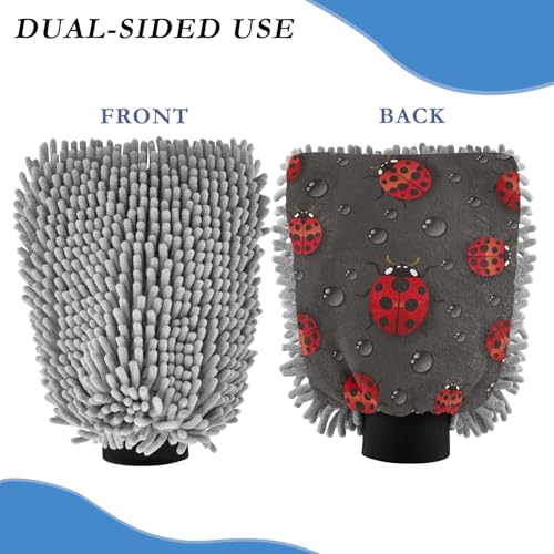susiyo 2 Pack Absorbent Microfiber Car Wash Drying Mitts Water Drop and Ladybugs Printed Chenille Car Wash Mitts Detailing Washing Gloves for Cars Motorcycles Boats, 11.8 x 8.07in - size: Large