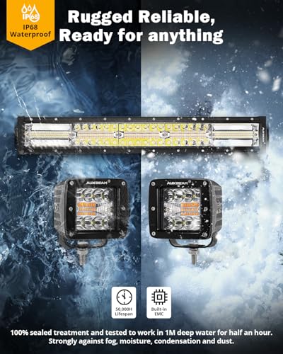 Auxbeam 6 Modes Amber White Series, 22" LED Light Bar with 3" LED Pods Combo Set, Dual Color Flashing Strobe Offroad Lights, Spot Flood Combo Cube Off Road Fog Lights, 3 Packs - color: 3" & 22" Combo