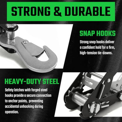 4 Pack Car Tie Down Straps for Trailers - 2" x 8' Heavy Duty Tire Straps with Snap Hooks - 10,000lbs Break Strength, Adjustable Lasso Style Wheel Straps for Hauling Cars, Truck, UTV(Green) - style: Snap Hooks