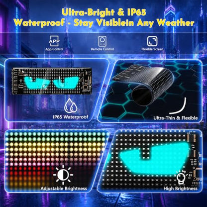 Devil Eyes Light for Motorcycle Windshield, 7''x3'' Flexible Animated LED Eyes, Bluetooth APP & Remote Control Custom Text Pattern Dynamic LED Sign for Car Taxi Sedan SUV
