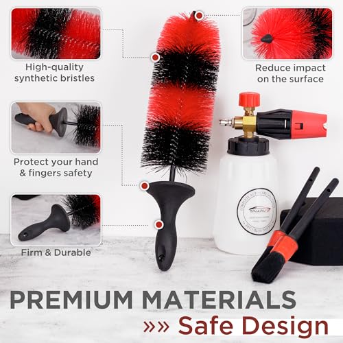 (Upgraded) TAKAVU Premium Wheel & Tire Brush, Long Bristle Detailing Brush for Effortless Rim & Tire Cleaning, Non-Slip Handle, Built-in Knuckle Guard, Deep Reach for Brake Dust & Dirt Removal (Red) - color: Red & Black - Big Brush