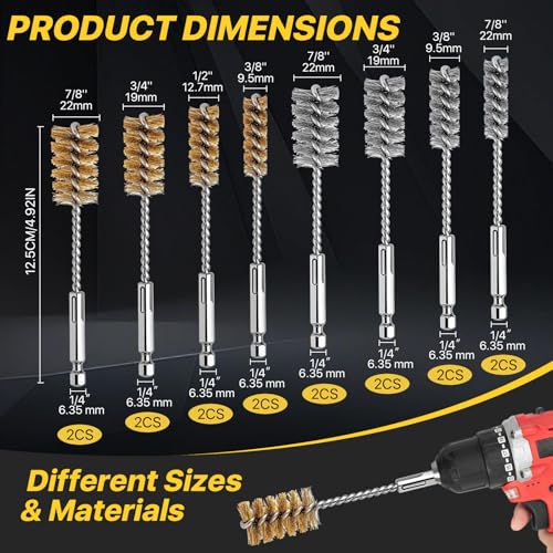 16 Pcs Bore Brush Set, 304 Stainless Steel&Brass Wire Bore Brush for Drill, Twisted Cleaning Brush with 1/4" Hex Shank,5 Inch Abrasive Wire Brush for Power Drill Cleaning,7/8,3/4,1/2,3/8''