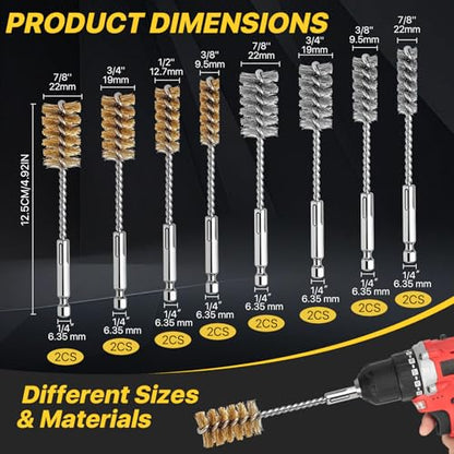 16 Pcs Bore Brush Set, 304 Stainless Steel&Brass Wire Bore Brush for Drill, Twisted Cleaning Brush with 1/4" Hex Shank,5 Inch Abrasive Wire Brush for Power Drill Cleaning,7/8,3/4,1/2,3/8''