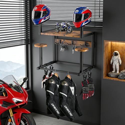 Motorcycle Helmet Hanger Wall Mount, Tiered Wooden Organizer with Metal Frame, 4 Helmet Holders, 5 Glove Clips & 3 Hooks for Accessories Storage